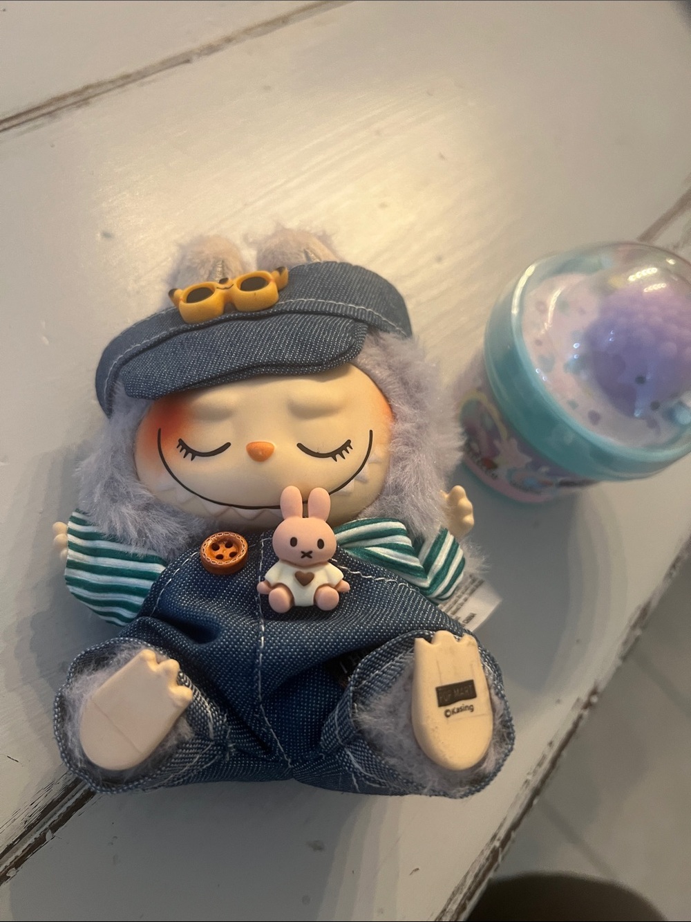 Plush Gray Bunny Doll in Blue Overalls with Pink Bunny Accessory